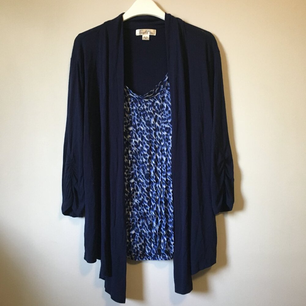 Tradition Vintage Twin Set XL Navy Blue Waterfall Cardigan Blue Cheetah Tank
